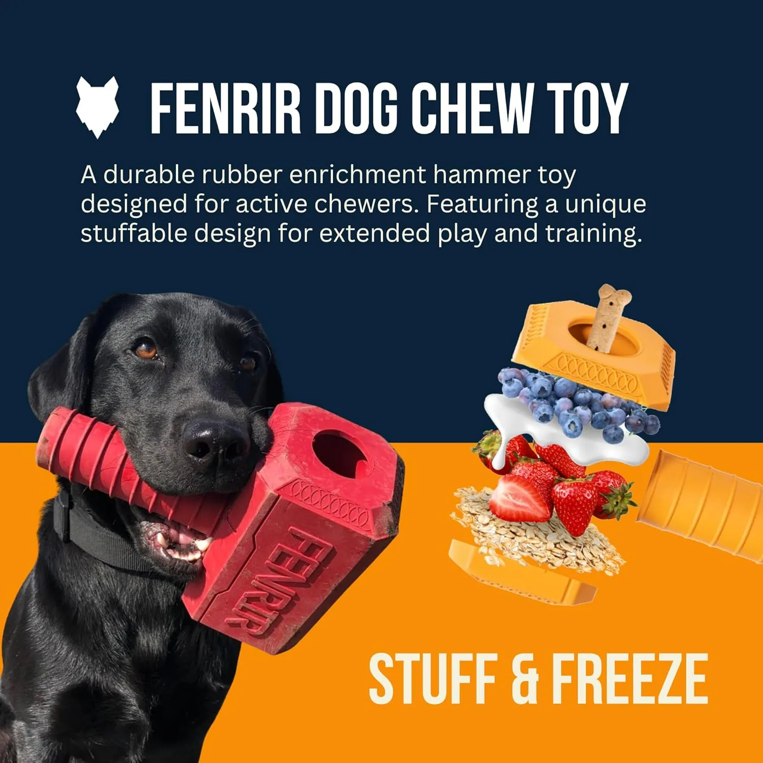 Hammer Dog Chew Toy Strong Rubber Stuffable Enrichment Toy for Chewers (Blue, Medium)