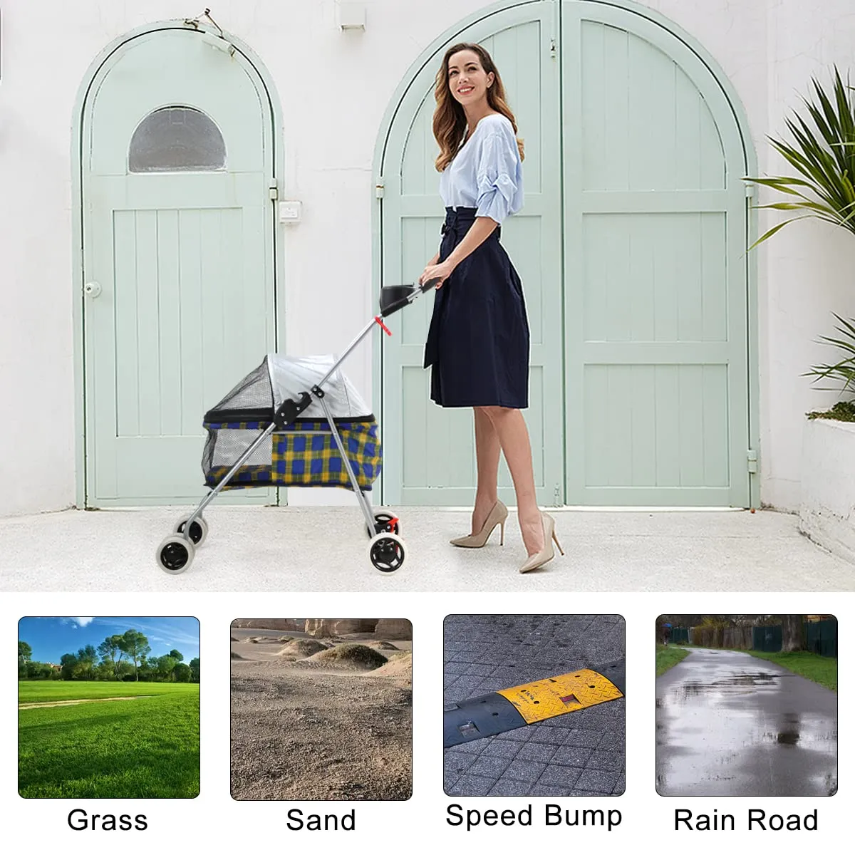 HHS Pet Stroller for Small Medium Dogs Foldable Travel 3 Wheels Carrier Strolling Cart Waterproof Dog Cat Jogger Puppy Carriage with Cup Holder Mesh Windows Wheels Brakes, Yellow Plaid