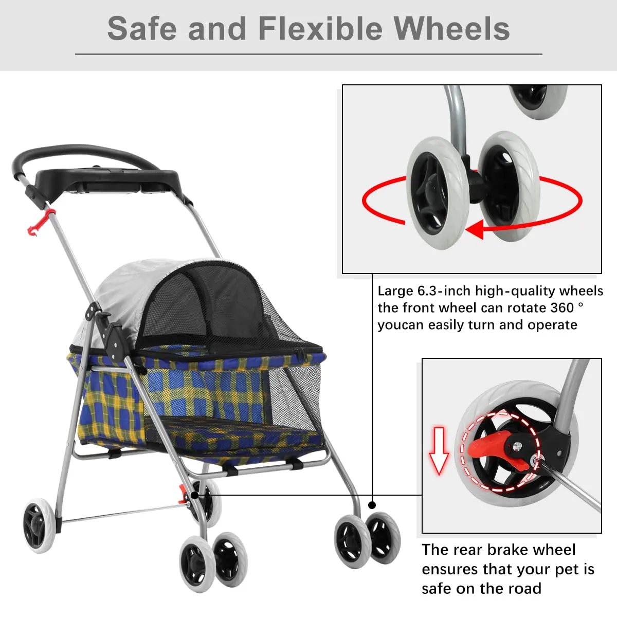 HHS Pet Stroller for Small Medium Dogs Foldable Travel 3 Wheels Carrier Strolling Cart Waterproof Dog Cat Jogger Puppy Carriage with Cup Holder Mesh Windows Wheels Brakes, Yellow Plaid