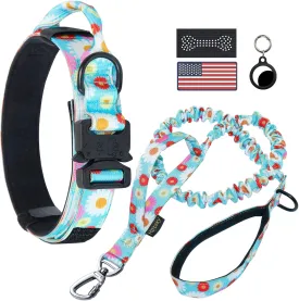 Hotsky Tactical Dog Collar and Leash Set, Heavy Duty Dog Collars for Medium Dogs, Adjustable Nylon Collars and Leashes with Handle Metal Buckle for Large Dogs, with Airtag Case and Patches(Daisy, XL)