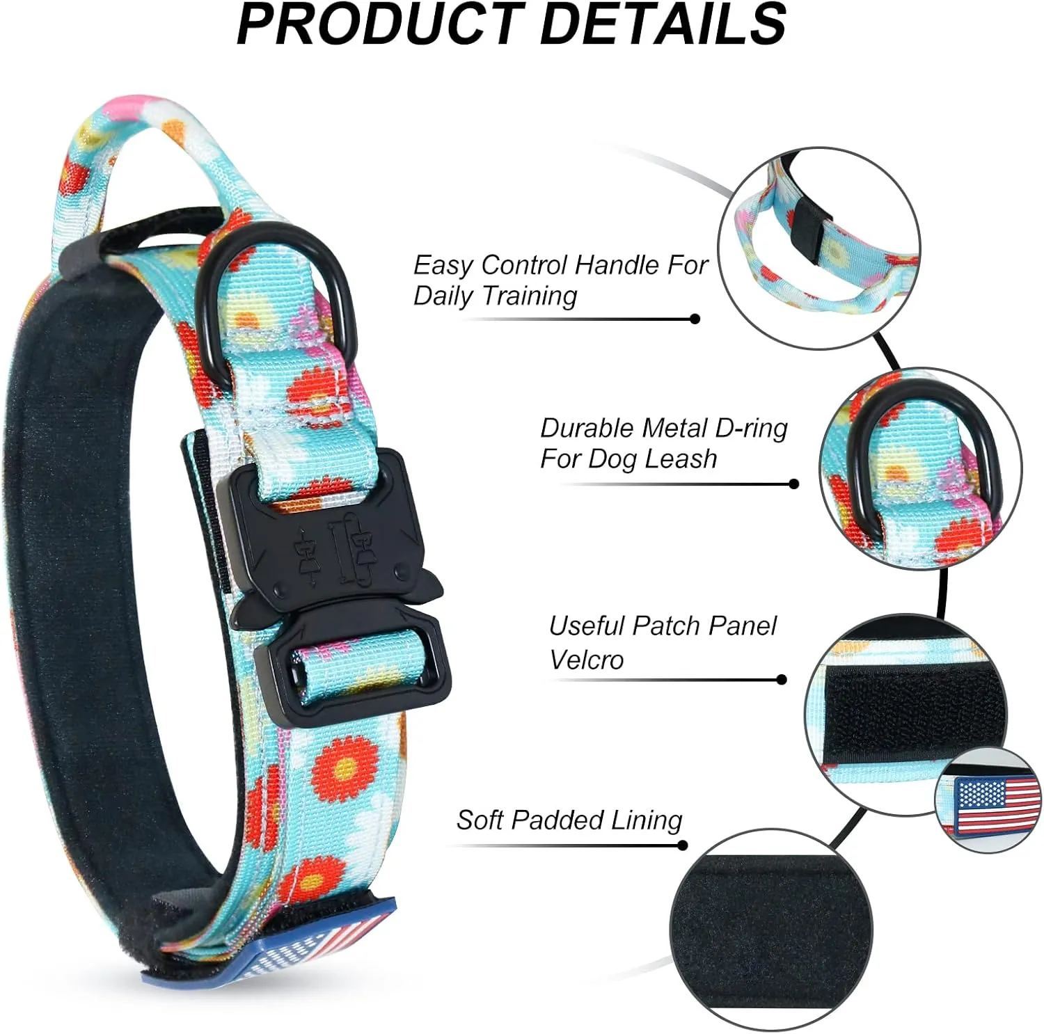 Hotsky Tactical Dog Collar and Leash Set, Heavy Duty Dog Collars for Medium Dogs, Adjustable Nylon Collars and Leashes with Handle Metal Buckle for Large Dogs, with Airtag Case and Patches(Daisy, XL)