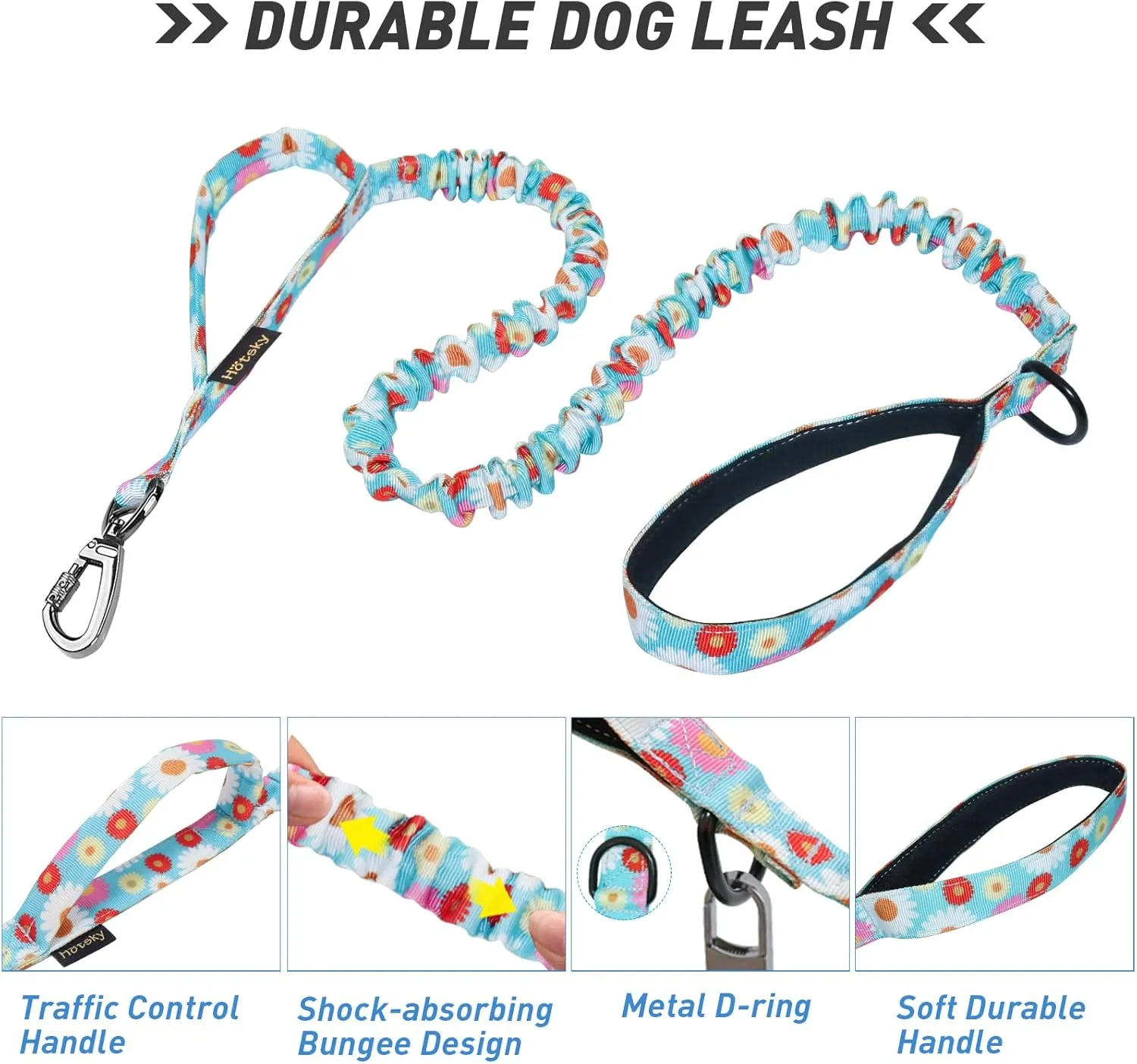 Hotsky Tactical Dog Collar and Leash Set, Heavy Duty Dog Collars for Medium Dogs, Adjustable Nylon Collars and Leashes with Handle Metal Buckle for Large Dogs, with Airtag Case and Patches(Daisy, XL)