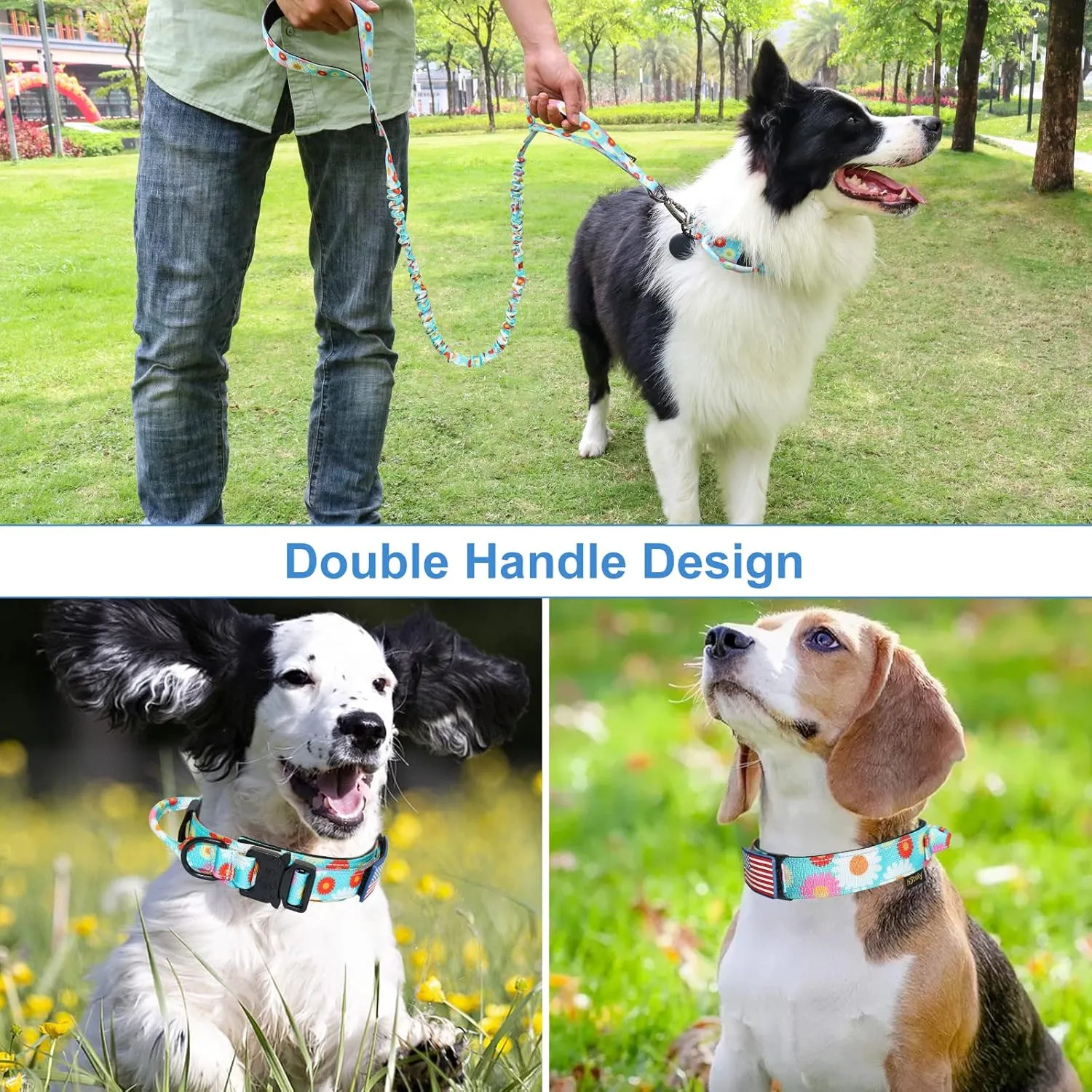 Hotsky Tactical Dog Collar and Leash Set, Heavy Duty Dog Collars for Medium Dogs, Adjustable Nylon Collars and Leashes with Handle Metal Buckle for Large Dogs, with Airtag Case and Patches(Daisy, XL)