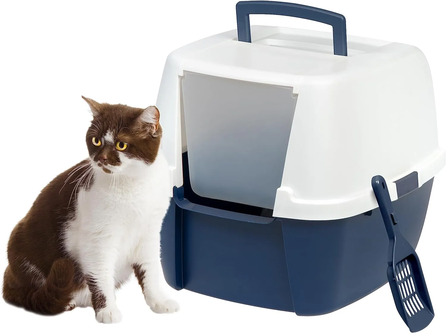 IRIS USA Cat Litter Box, Enclosed Litter Box with Front Door Flap and Scoop, Covered Kitty Litter Box with Handle and Buckles for Portability and Privacy, Navy/White