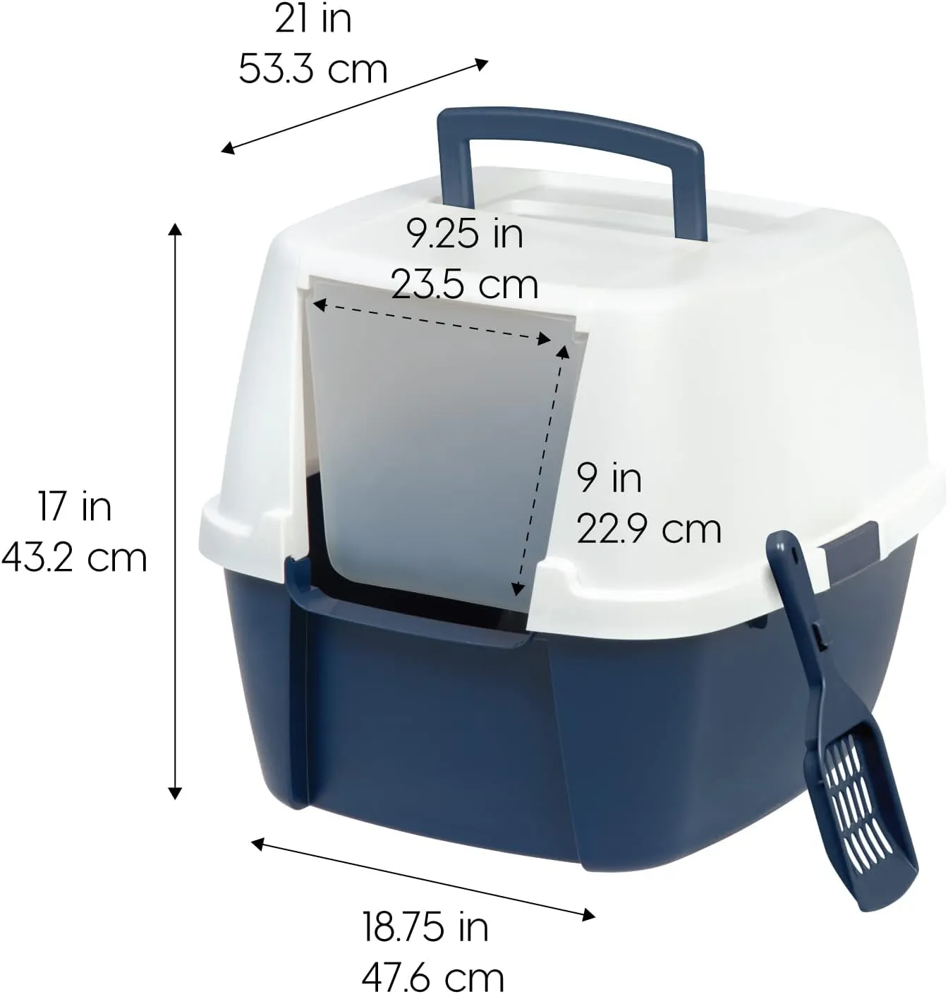 IRIS USA Cat Litter Box, Enclosed Litter Box with Front Door Flap and Scoop, Covered Kitty Litter Box with Handle and Buckles for Portability and Privacy, Navy/White