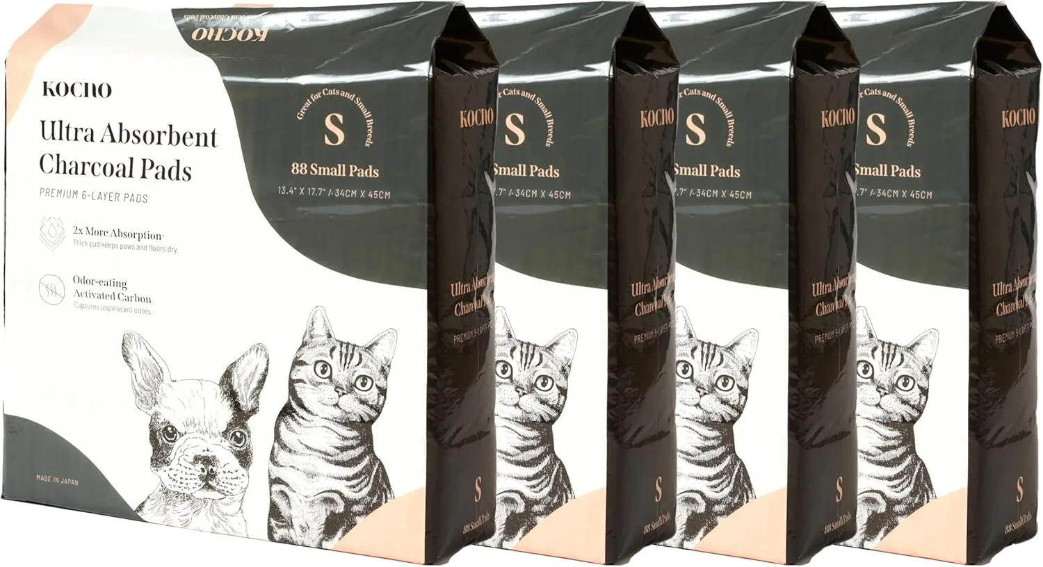 KOCHO Ultra Absorbent Charcoal Pads 6-Layered, Small 13.4" X 17.7" Odor-Eating Breeze Cat Litter Box Liner Training and Puppy Quick-Dry Pee Pads Pack of 88, Made in Japan