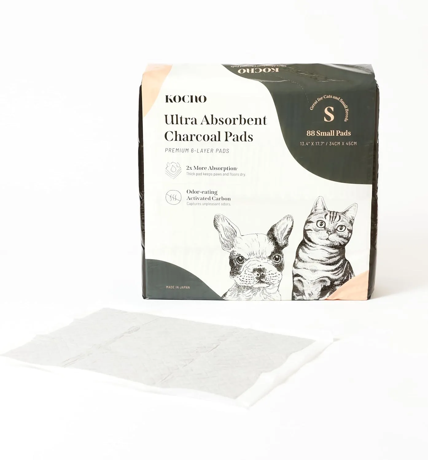 KOCHO Ultra Absorbent Charcoal Pads 6-Layered, Small 13.4" X 17.7" Odor-Eating Breeze Cat Litter Box Liner Training and Puppy Quick-Dry Pee Pads Pack of 88, Made in Japan