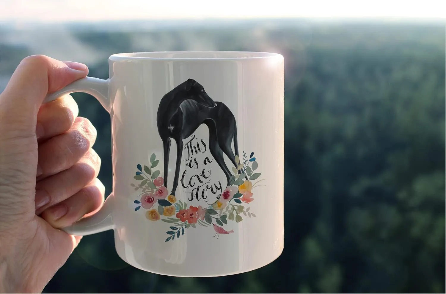 kunlisa Funny Greyhound Mug Cup,This is A Love Story Floral Ceramic Mug-11oz Coffee Milk Tea Mug Cup,Gifts For Dog Lovers Greyhound Mom Dog Mom Women Men Teen Girls,Pet Lovers Coworkers Gifts