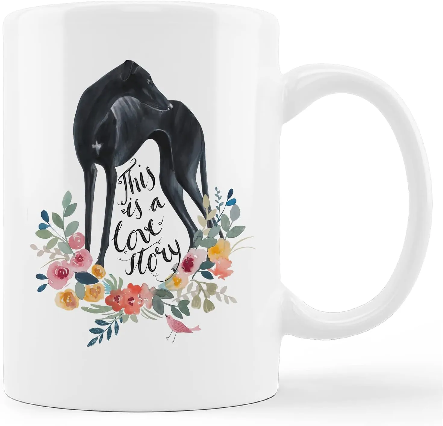 kunlisa Funny Greyhound Mug Cup,This is A Love Story Floral Ceramic Mug-11oz Coffee Milk Tea Mug Cup,Gifts For Dog Lovers Greyhound Mom Dog Mom Women Men Teen Girls,Pet Lovers Coworkers Gifts