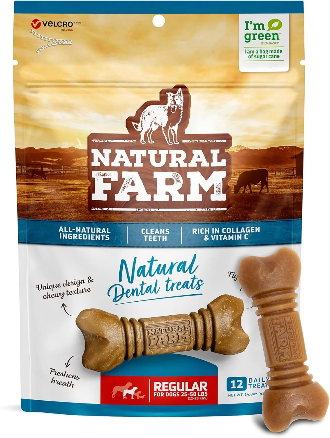 Natural Farm All-Natural Dog Dental Chew, Dog Teeth Cleaning Treats - Fresh Breath, Fight Plaque & Tartar - Canine Mess-Free Oral Care, Teeth Cleaning Chews for Dogs 20-50 Lbs (12 Treats, 14.8 Oz)