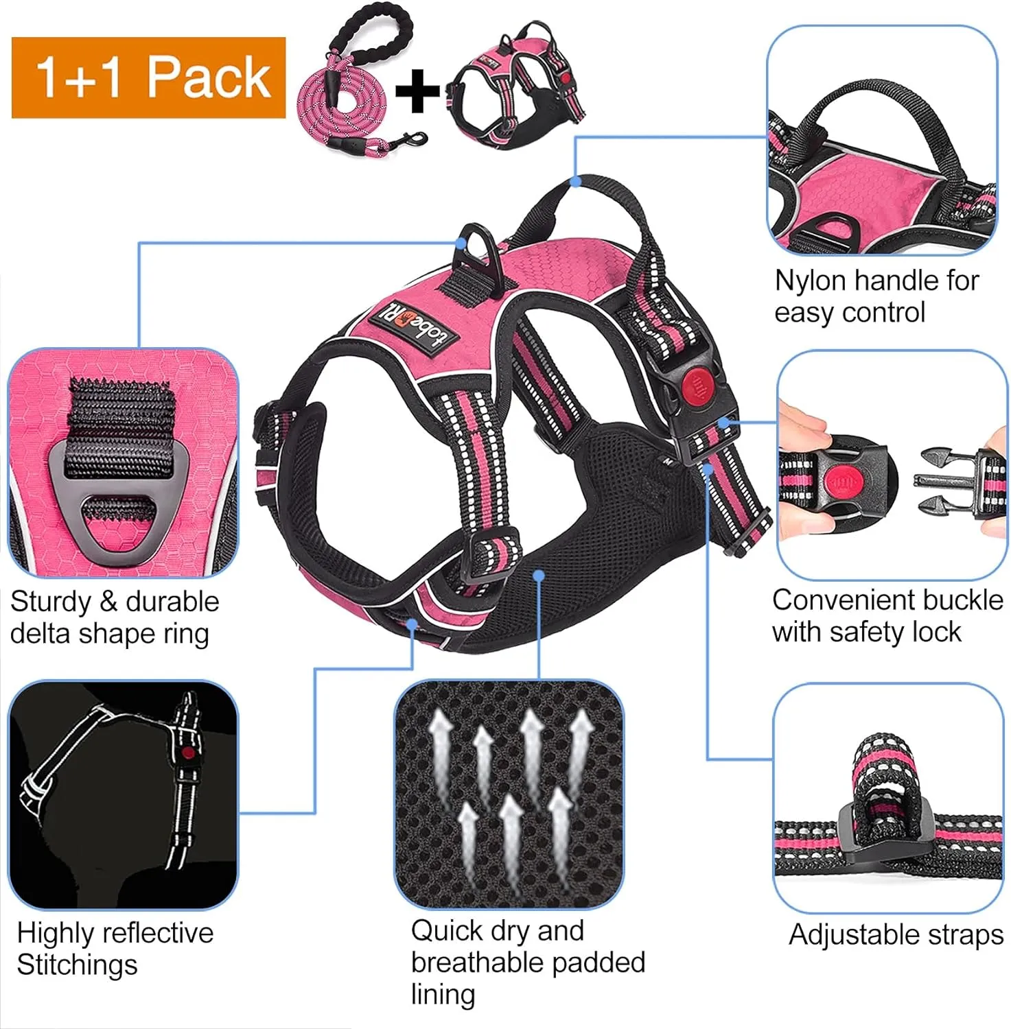 No Pull Dog Harness Adjustable Reflective Oxford Easy Control Medium Large Dog Harness with A Free Heavy Duty 5ft Dog Leash (M (Neck: 14.5"-20.5", Chest: 22"-28"), Pink Harness Leash)