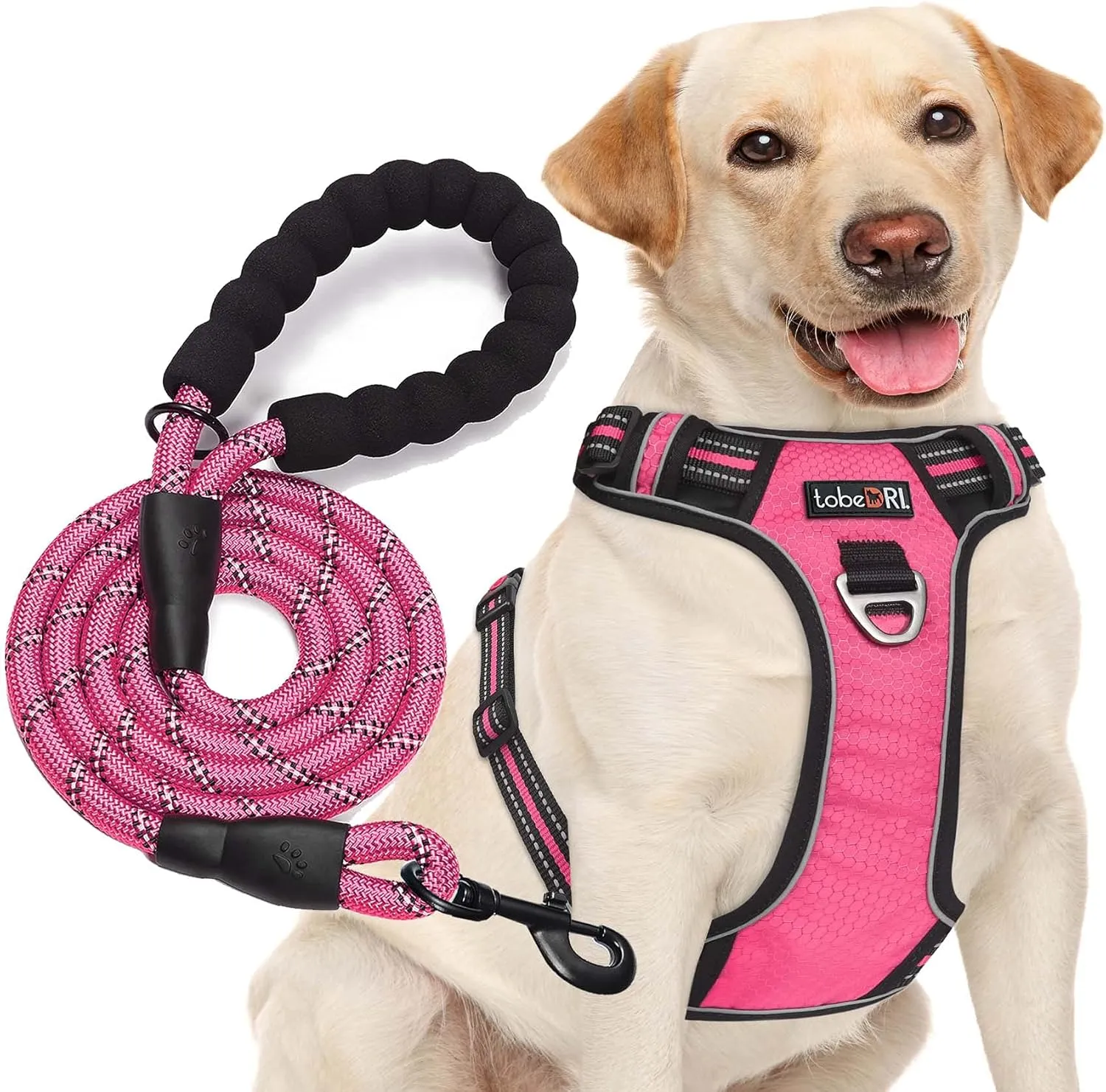 No Pull Dog Harness Adjustable Reflective Oxford Easy Control Medium Large Dog Harness with A Free Heavy Duty 5ft Dog Leash (M (Neck: 14.5"-20.5", Chest: 22"-28"), Pink Harness Leash)