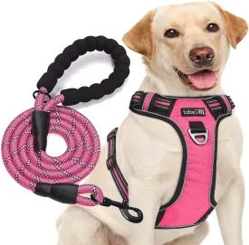 No Pull Dog Harness Adjustable Reflective Oxford Easy Control Medium Large Dog Harness with A Free Heavy Duty 5ft Dog Leash (M (Neck: 14.5"-20.5", Chest: 22"-28"), Pink Harness Leash)