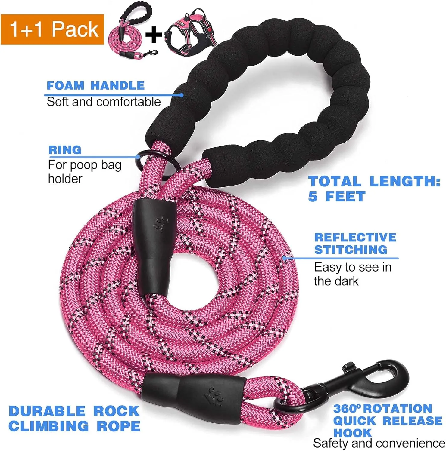 No Pull Dog Harness Adjustable Reflective Oxford Easy Control Medium Large Dog Harness with A Free Heavy Duty 5ft Dog Leash (M (Neck: 14.5"-20.5", Chest: 22"-28"), Pink Harness Leash)