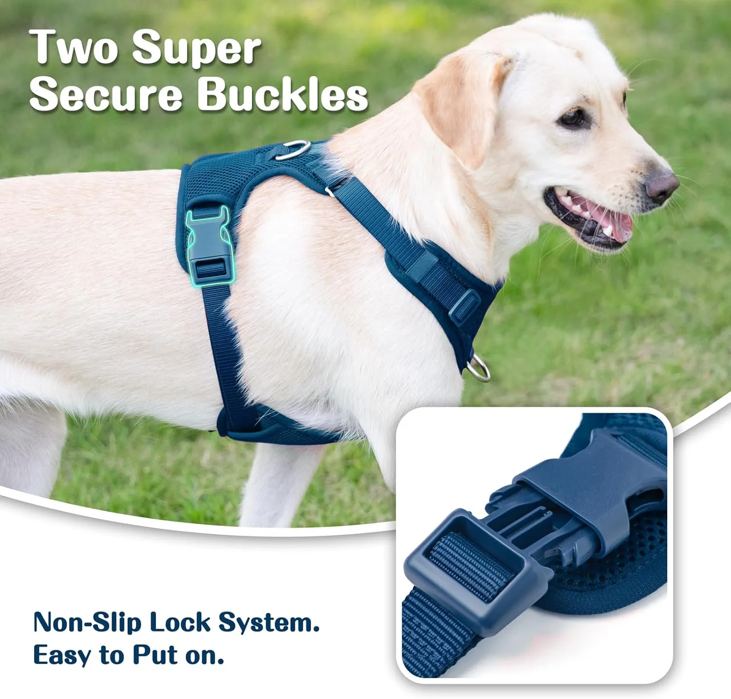 No Pull Dog Harness for Small Medium Large Dogs - Adjustable Two-Layer Mesh Dog Vest with Dual Clip, Escape Proof, Quick Release, Lightweight Breathable Mesh for Walking Hiking (Prussian Blue,M)