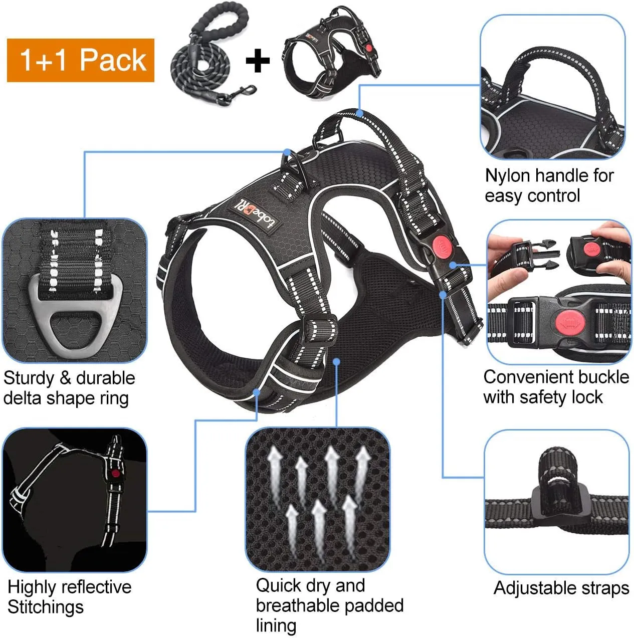 No Pull Harness with a Free Heavy Duty 5Ft Leash for Medium Large Dog Adjustable Reflective Oxford Easy Control (L (Neck: 18"-25.5", Chest: 24.5"-33"), Black Harness Leash)