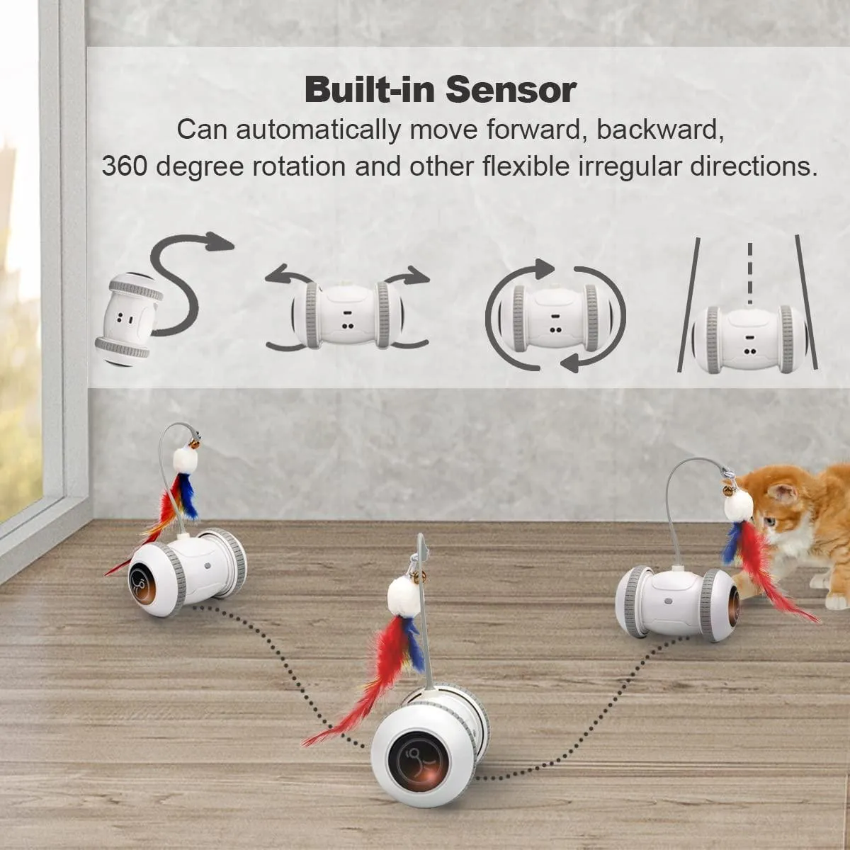 Nueplay Cat Toys Robotic Interactive Indoor Electronic Toys with LED Light 360 Degree Rotation Sensor Mode Freestyle Mode USB Rechargeable Battery Balls Toys for Pets Kitten Kitty Bonus 2 Feathers