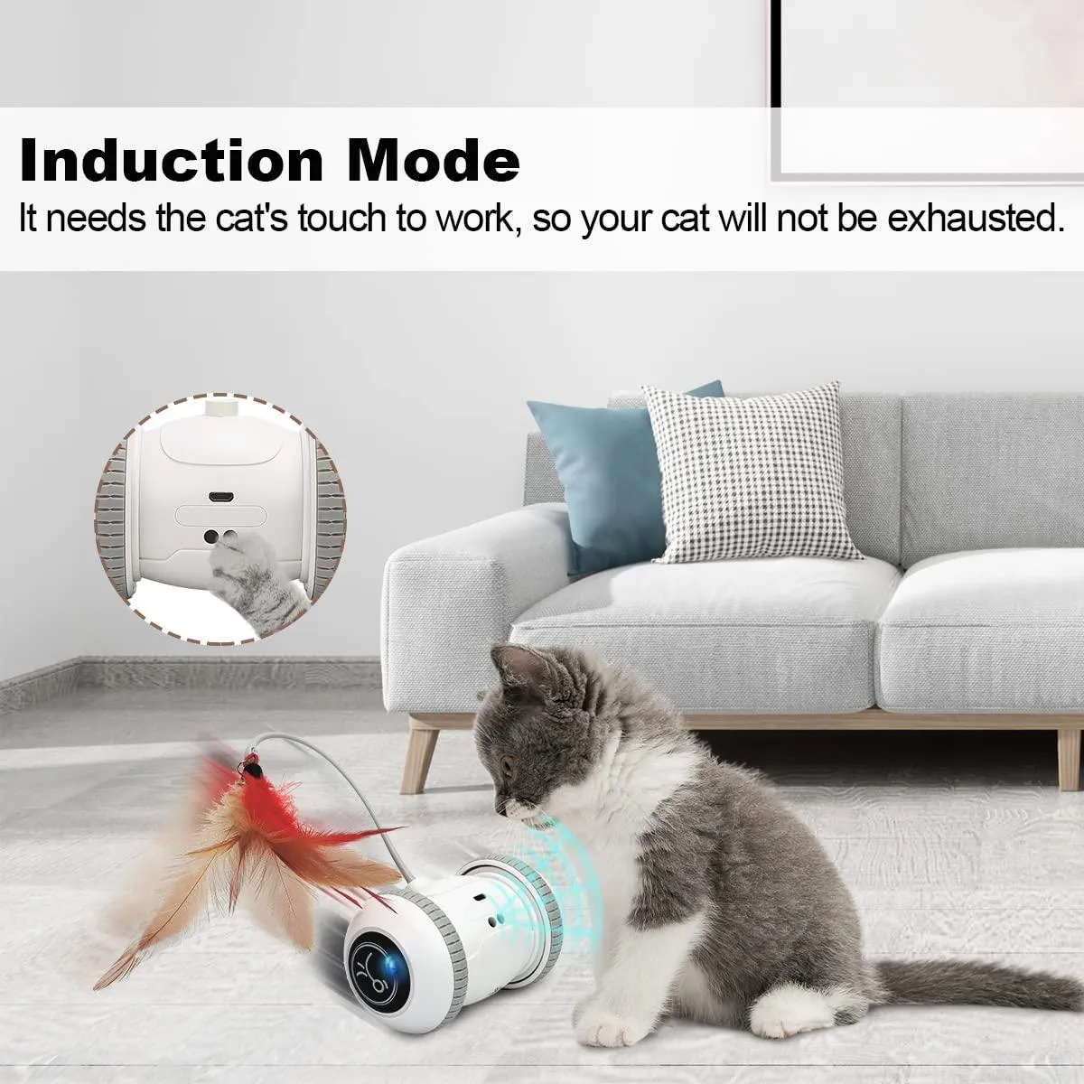 Nueplay Cat Toys Robotic Interactive Indoor Electronic Toys with LED Light 360 Degree Rotation Sensor Mode Freestyle Mode USB Rechargeable Battery Balls Toys for Pets Kitten Kitty Bonus 2 Feathers