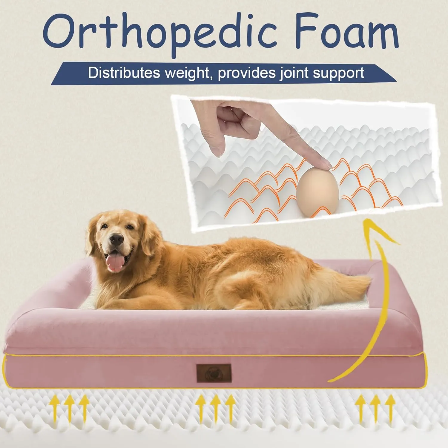 Orthopedic Washable Large Dog Bed: Jumbo Dog Bed Bolster Waterproof - XXXL Big Dog Beds for Extra Large Dogs with Removable Cover - Pink