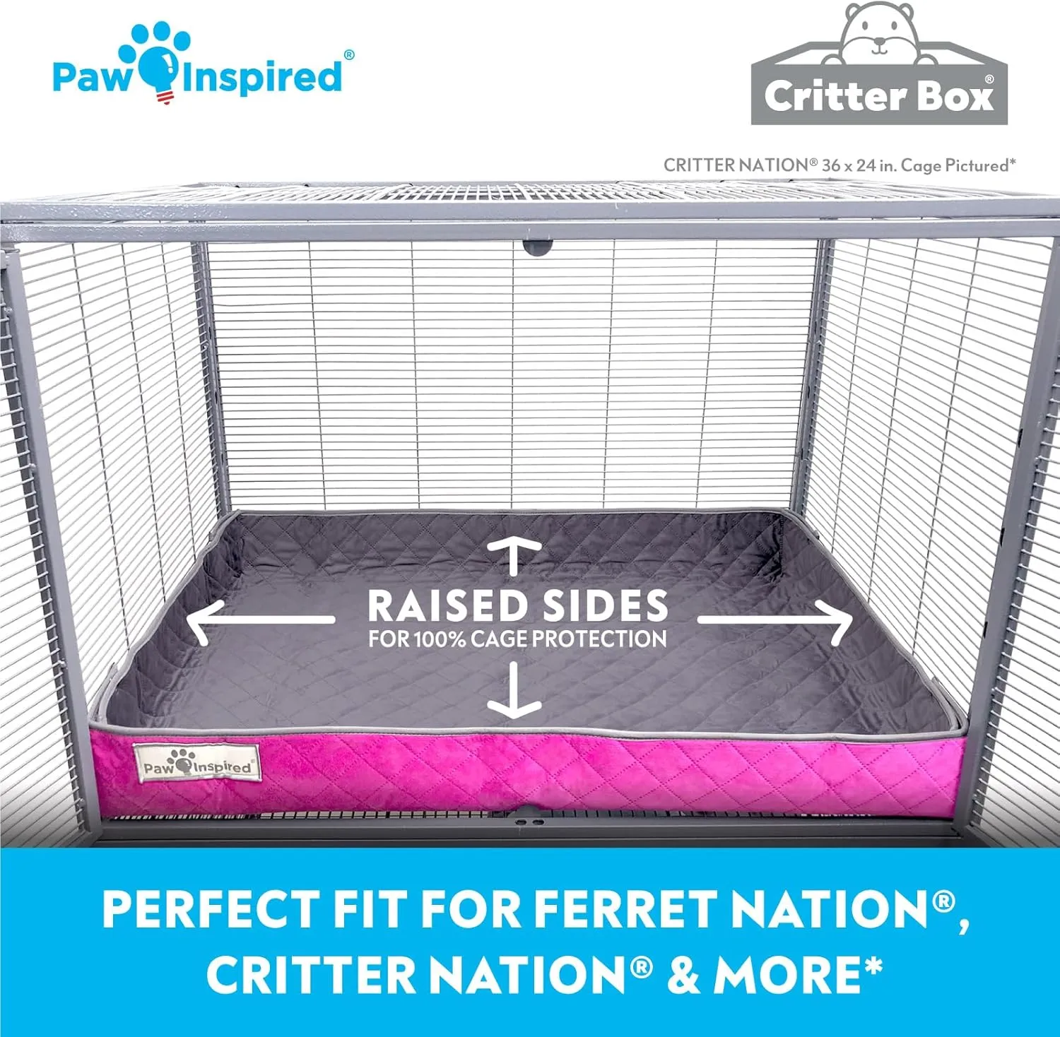 Paw Inspired Critter Box Washable Cage Liner, Reversible Fleece Bedding with Raised Sides for Ferrets, Guinea Pigs, Rats, Chinchillas, and Other Small Animals (Critter Nation/Ferret Nation, Gray/Pink)