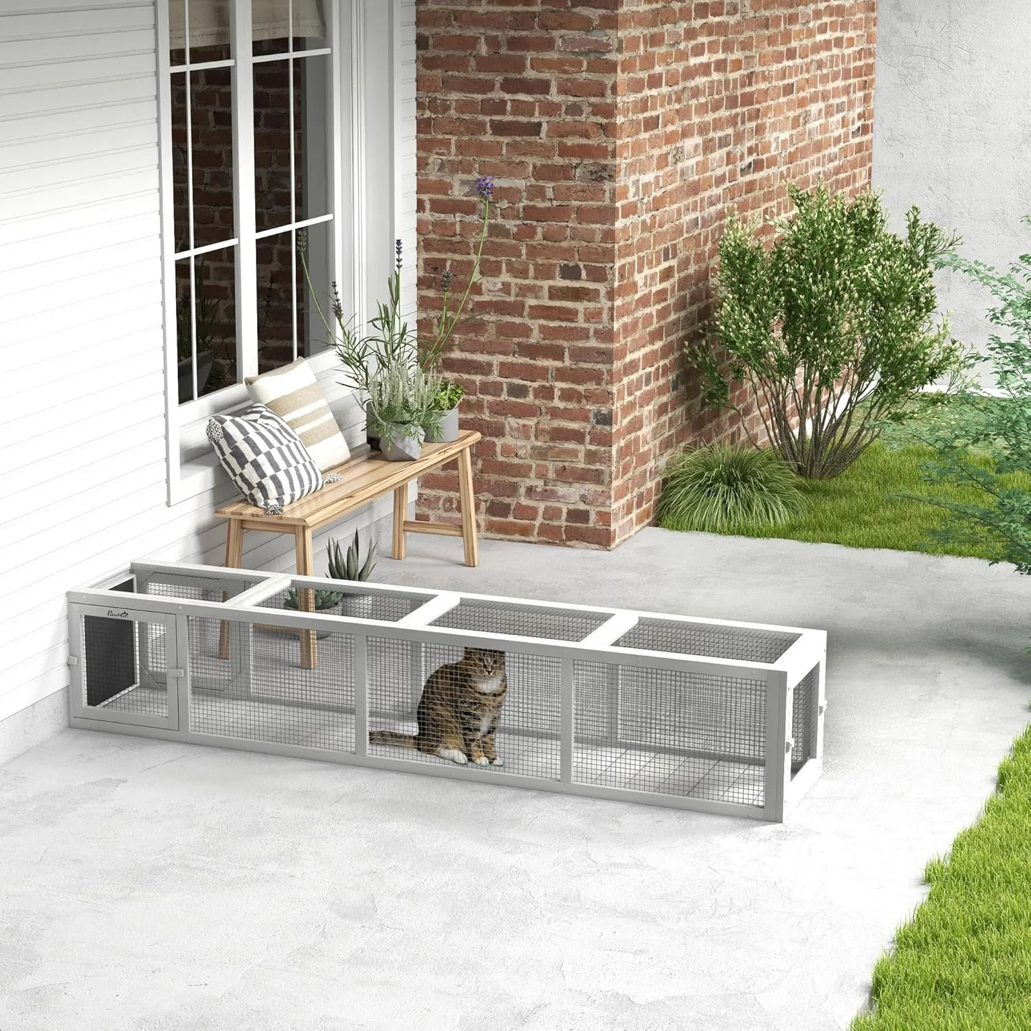 PawHut Outdoor Cat Tunnel with Extendable Design, 79" L Wooden Cat Run with Weather Protection, Connecting Inside and Outside, for Deck Patios, Balconies, White