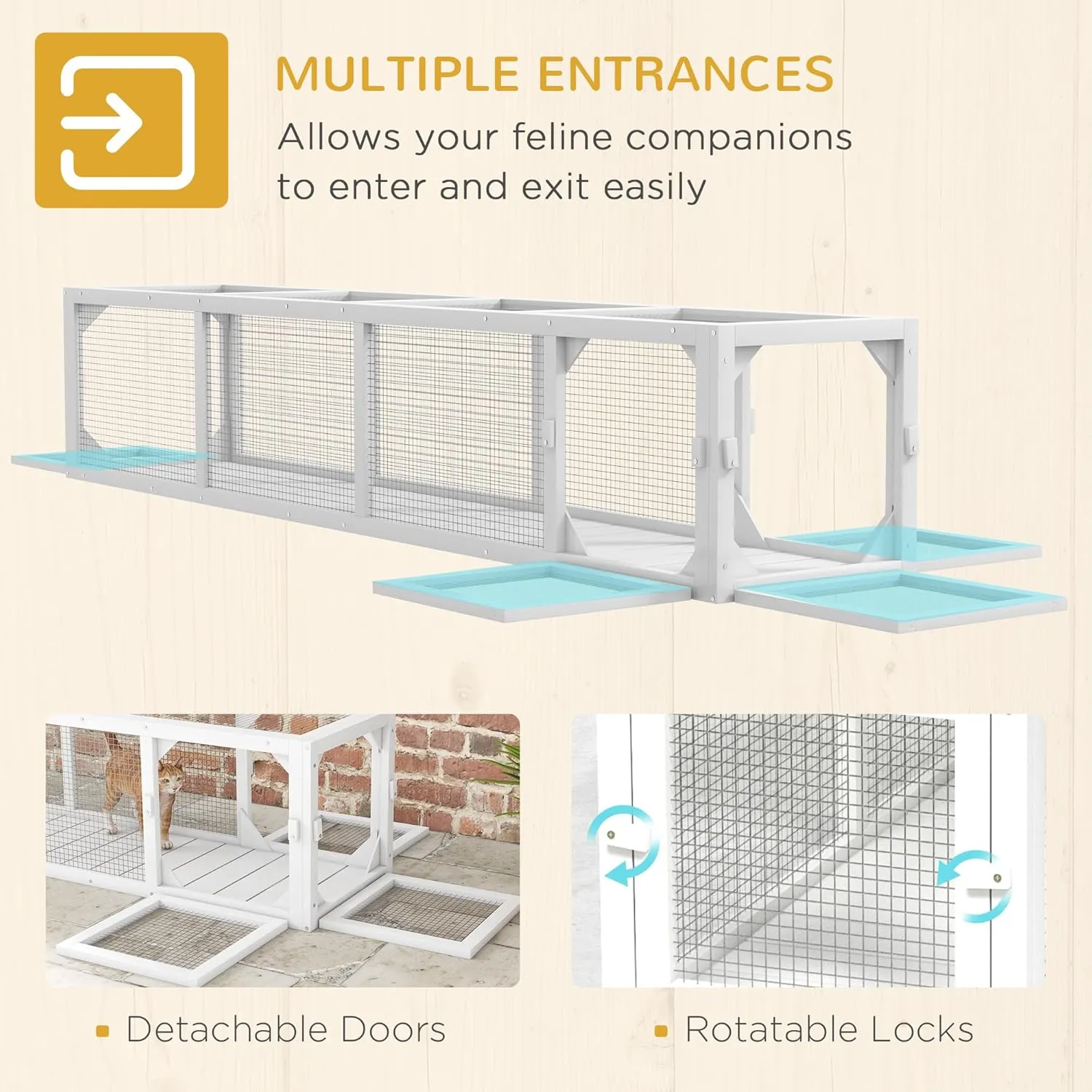 PawHut Outdoor Cat Tunnel with Extendable Design, 79" L Wooden Cat Run with Weather Protection, Connecting Inside and Outside, for Deck Patios, Balconies, White
