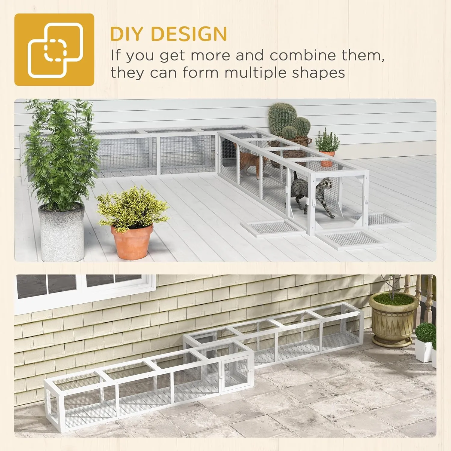 PawHut Outdoor Cat Tunnel with Extendable Design, 79" L Wooden Cat Run with Weather Protection, Connecting Inside and Outside, for Deck Patios, Balconies, White