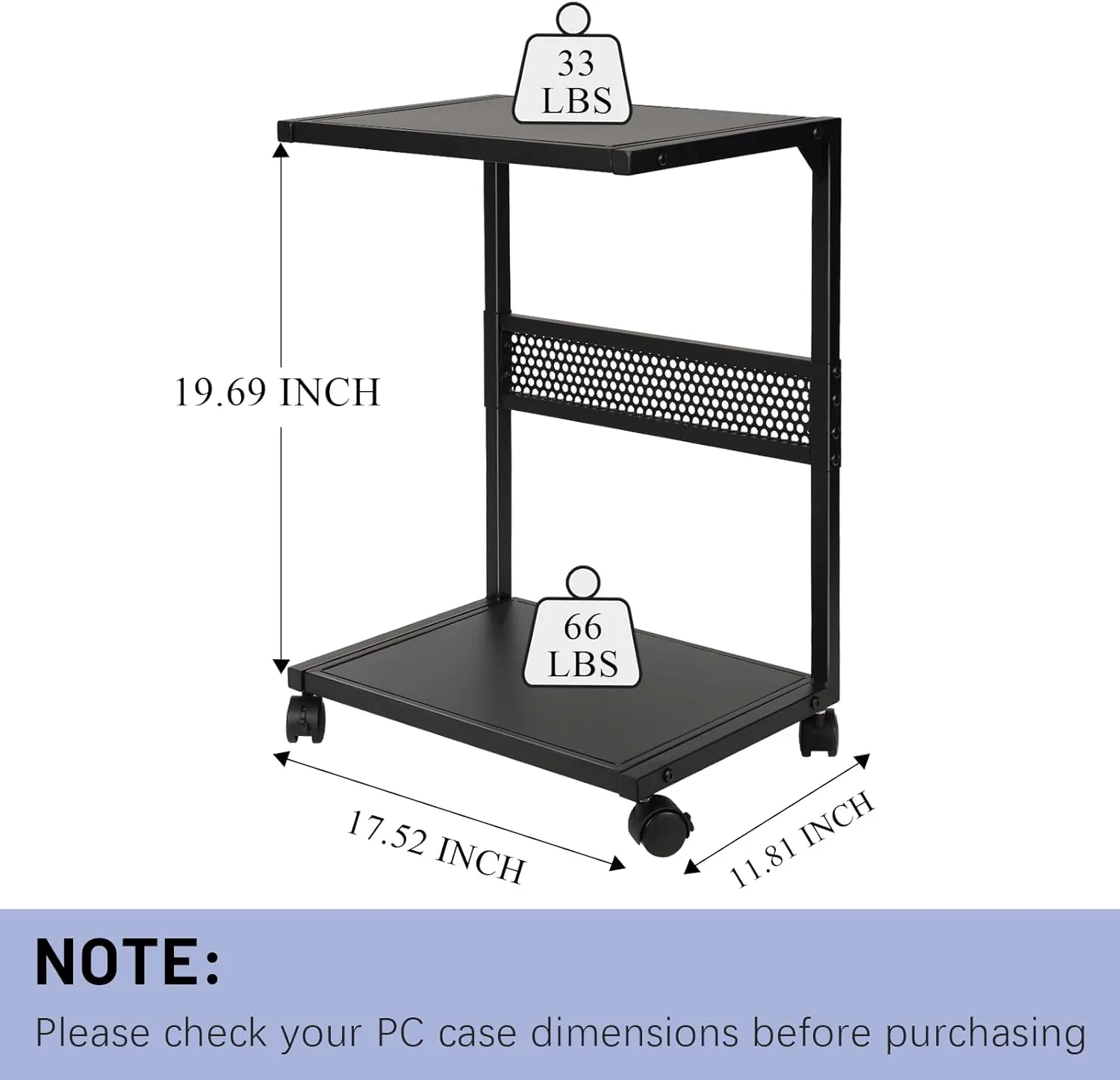PC Stand Computer Tower Stand 2-Tier Metal CPU Holder with Locking Caster Wheels Suitable for Most PC (S,Black)