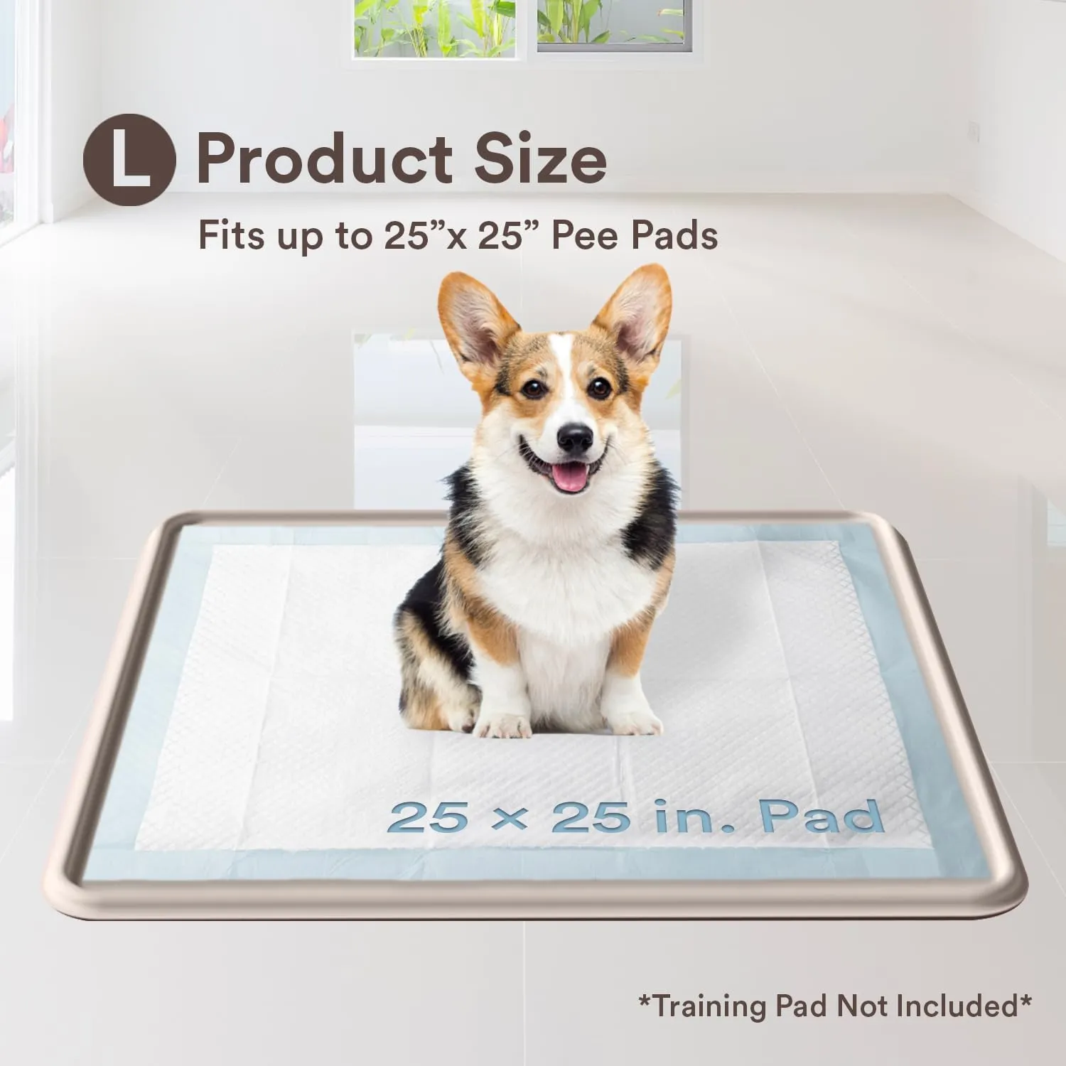 Pee Pad Tray Holder for Dogs - Fits Up to 25 x 25 in. Square Potty Training Pads No Spill Raised Lip High Edge Silicone Mat, Extra Thick and Non-Slip for Indoor Floor Protection (Large, Beige) | eenk
