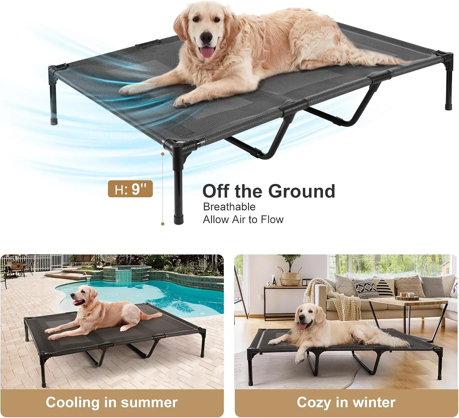 petizer 48" Elevated Dog Bed for Extra Large Dogs, Outdoor Dog Cot Bed Waterproof, Raised Cooling Pet Bed, Washable Breathable XXL Dog Bed with Supporting Bars - Up to 200 LBs, Indestructible, X-Large