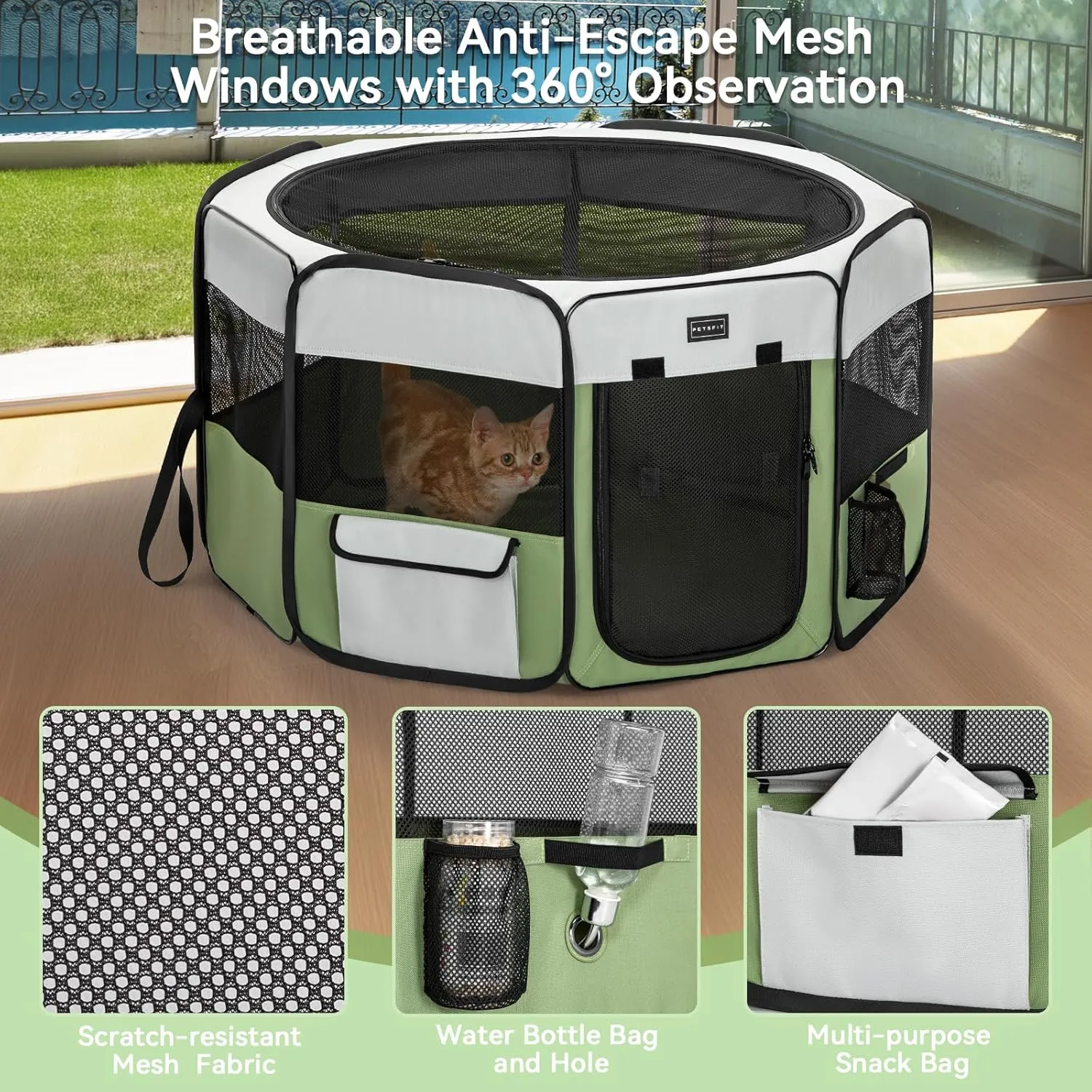 PETSFIT Dog Playpen Indoor/Outdoor,Portable Pet Playpen with Removable Zipper Top,Waterproof Bottom, Foldable Puppy Pen for Cats, Large Breeds (45.5L x 45.5W x 28.5H)
