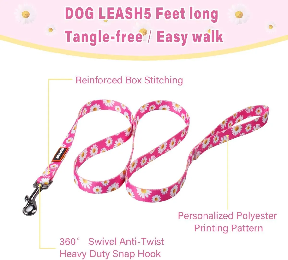 QQPETS Dog Harness Leash Set Adjustable Heavy Duty No Pull Halter Harnesses for Small Medium Large Breed Dogs Back Clip Anti-Twist Perfect for Walking (XS(12"-18" Chest Girth), Daisy)