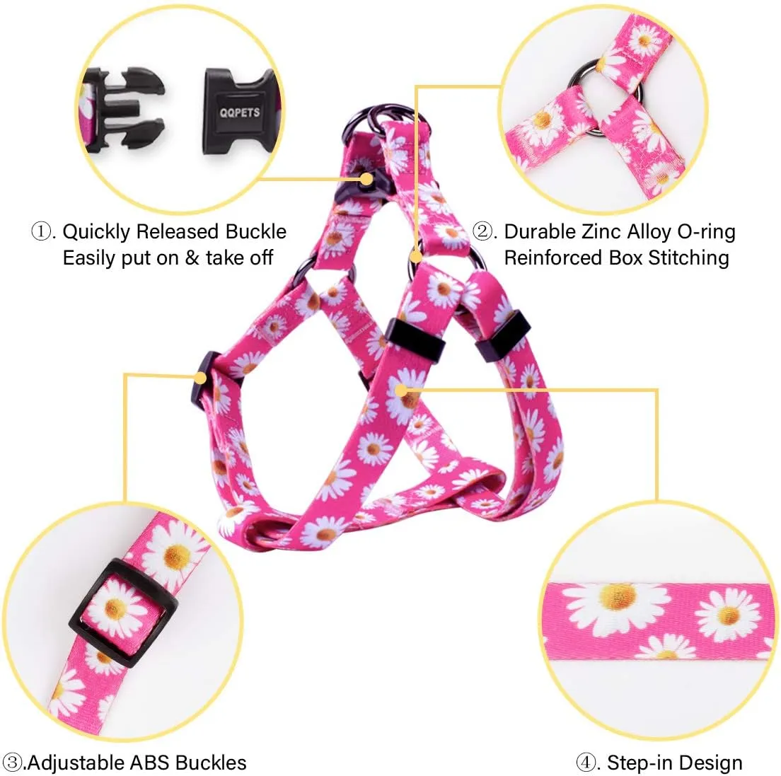 QQPETS Dog Harness Leash Set Adjustable Heavy Duty No Pull Halter Harnesses for Small Medium Large Breed Dogs Back Clip Anti-Twist Perfect for Walking (XS(12"-18" Chest Girth), Daisy)