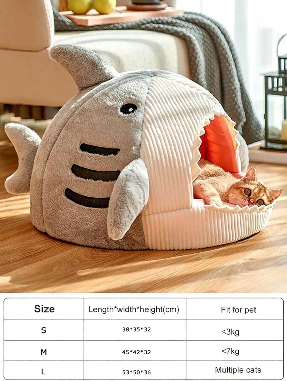 QWINEE Cat Mat Shark-Shaped Kennel Kitten Bed Hideout House Warm Soft Comfortable Semi-Closed Cat Dog Nest Grey Small