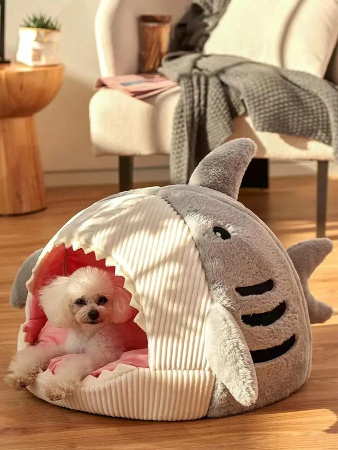 QWINEE Cat Mat Shark-Shaped Kennel Kitten Bed Hideout House Warm Soft Comfortable Semi-Closed Cat Dog Nest Grey Small