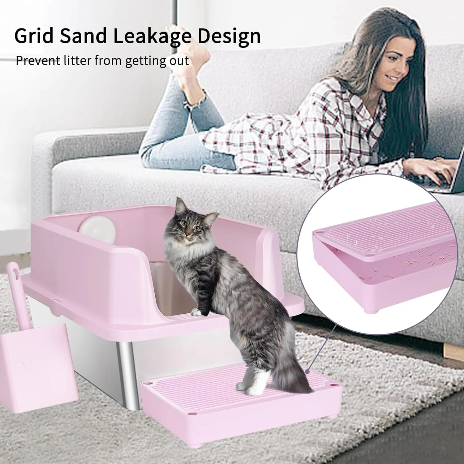 RIZZARI Stainless Steel Cat Litter Box, Anti-Leakage & Odorless, Semi-Enclosed Litter Box with Raised Edges for Small to Large Sized Cats (Dark Pink, 24" L*16" W*12" H)