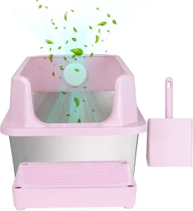 RIZZARI Stainless Steel Cat Litter Box, Anti-Leakage & Odorless, Semi-Enclosed Litter Box with Raised Edges for Small to Large Sized Cats (Dark Pink, 24" L*16" W*12" H)
