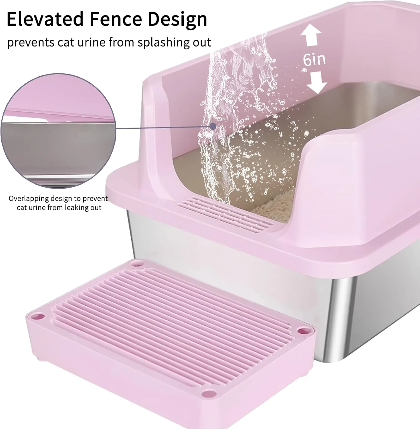 RIZZARI Stainless Steel Cat Litter Box, Anti-Leakage & Odorless, Semi-Enclosed Litter Box with Raised Edges for Small to Large Sized Cats (Dark Pink, 24" L*16" W*12" H)