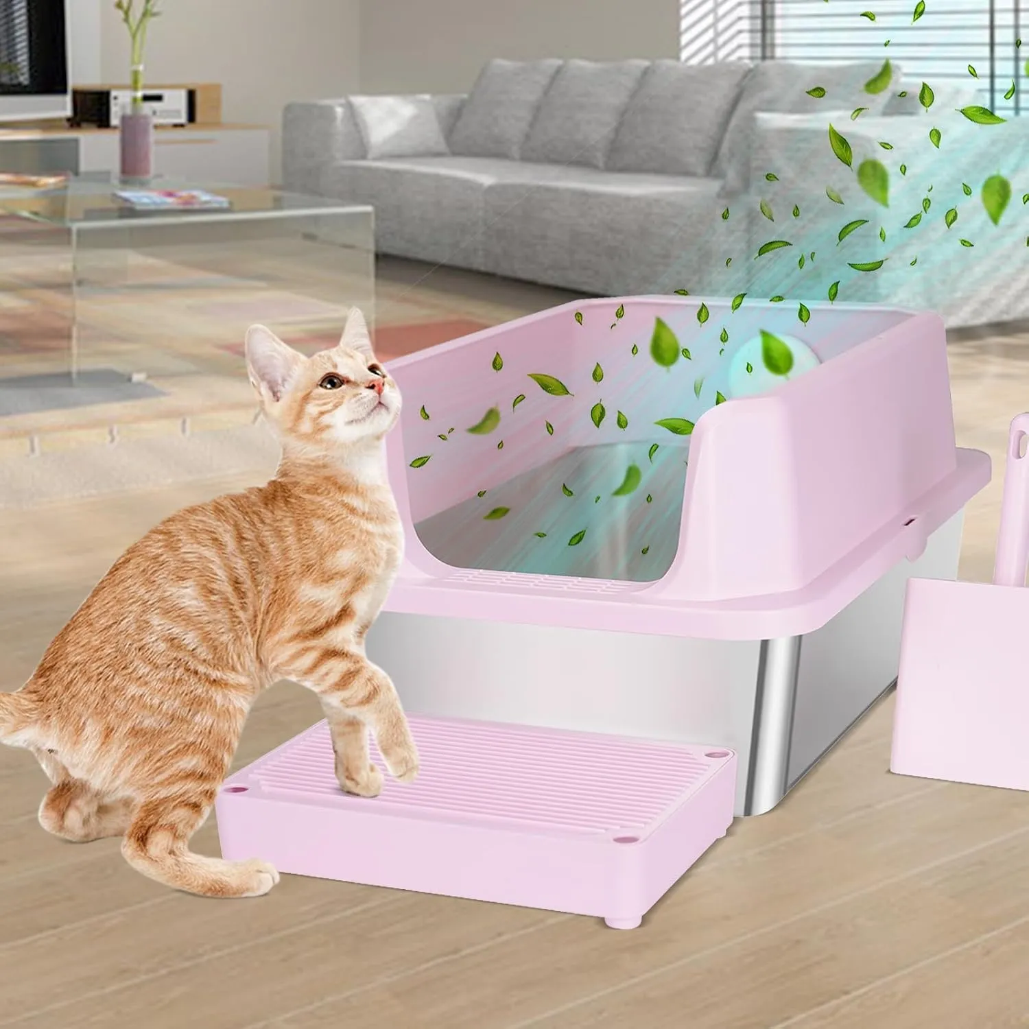 RIZZARI Stainless Steel Cat Litter Box, Anti-Leakage & Odorless, Semi-Enclosed Litter Box with Raised Edges for Small to Large Sized Cats (Dark Pink, 24" L*16" W*12" H)