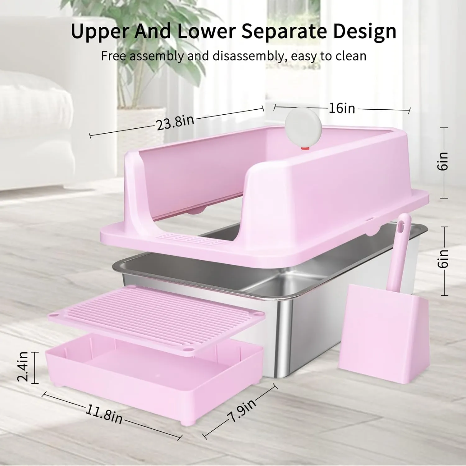 RIZZARI Stainless Steel Cat Litter Box, Anti-Leakage & Odorless, Semi-Enclosed Litter Box with Raised Edges for Small to Large Sized Cats (Dark Pink, 24" L*16" W*12" H)