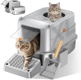 Stainless Steel Cat Litter Box with Lid, XL Extra Large Metal Litter Box for Big Cats, 180 Flip Cover Enclosed Top Entry Litter Boxs with High Sided Enclosure & Scoop, Non-Sticky, Anti-Leakage