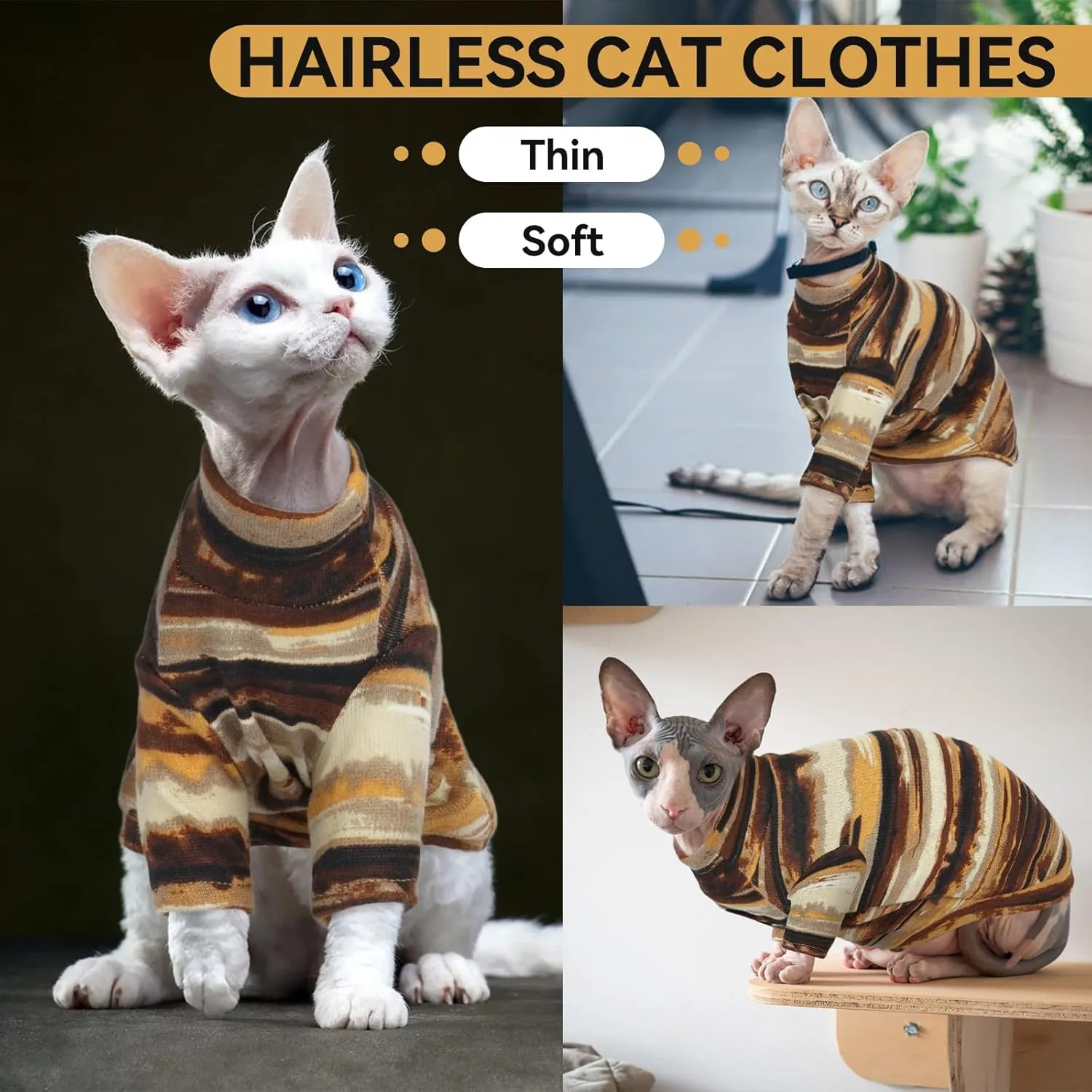 T'CHAQUE Sphynx Clothes, Cat Clothes for Hairless Cats, Stretchy Pullover Shirts, Soft Sweaters for Sphynx, Cornish Rex, and Devon Rex, Cozy Pajamas for Hairless Breeds, Yellow,M