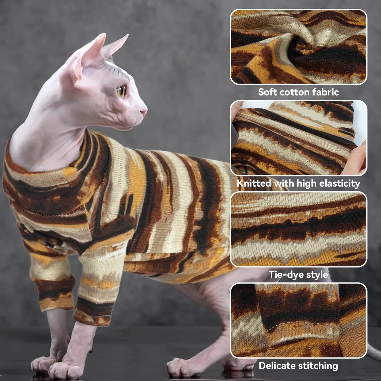 T'CHAQUE Sphynx Clothes, Cat Clothes for Hairless Cats, Stretchy Pullover Shirts, Soft Sweaters for Sphynx, Cornish Rex, and Devon Rex, Cozy Pajamas for Hairless Breeds, Yellow,M