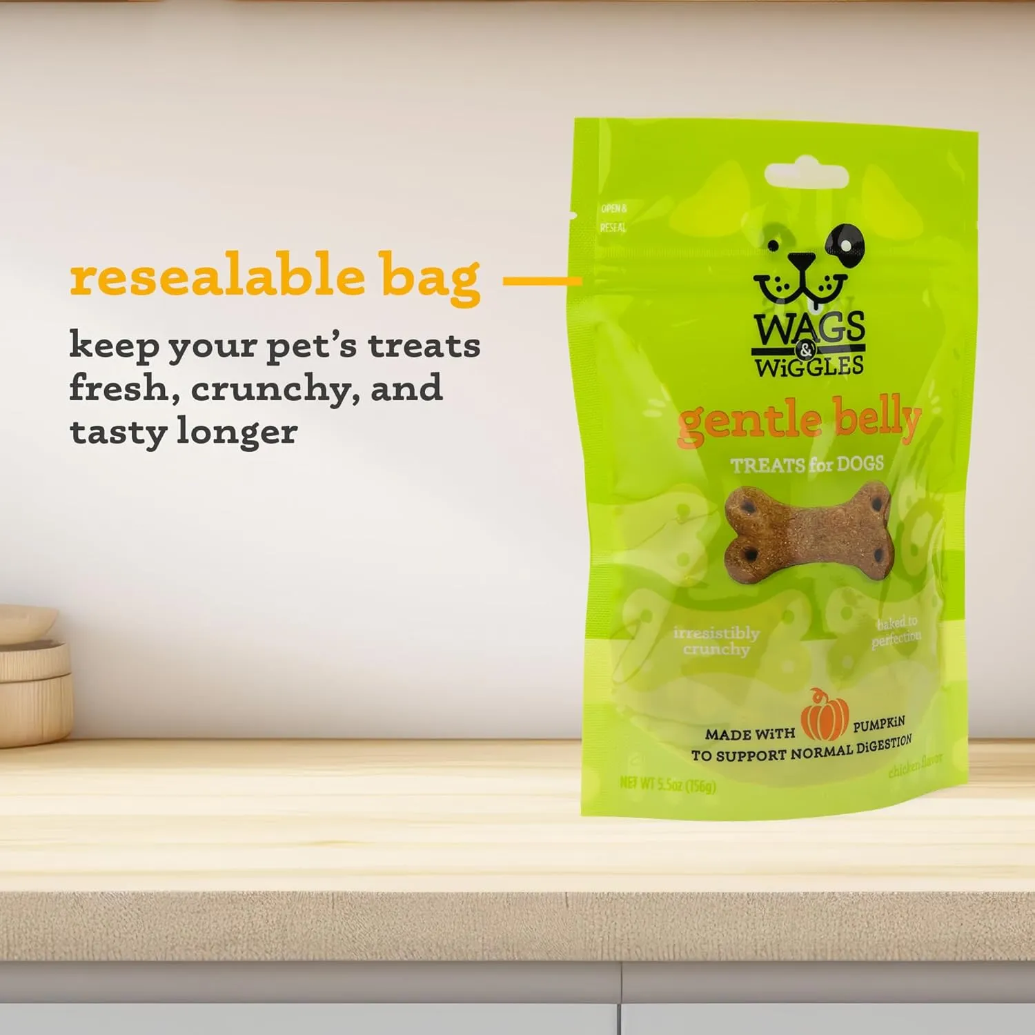 Wags & Wiggles Gentle Belly Functional Treats for Dogs, Chicken Flavor, 5.5 Resealable Bag| Digestive Support | Pumpkin Dog Treats for Dogs with Sensitive Bellies